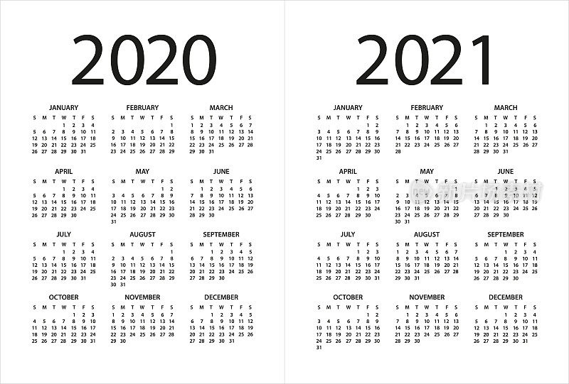 日历2020 2021 -插图。星期日开始上班